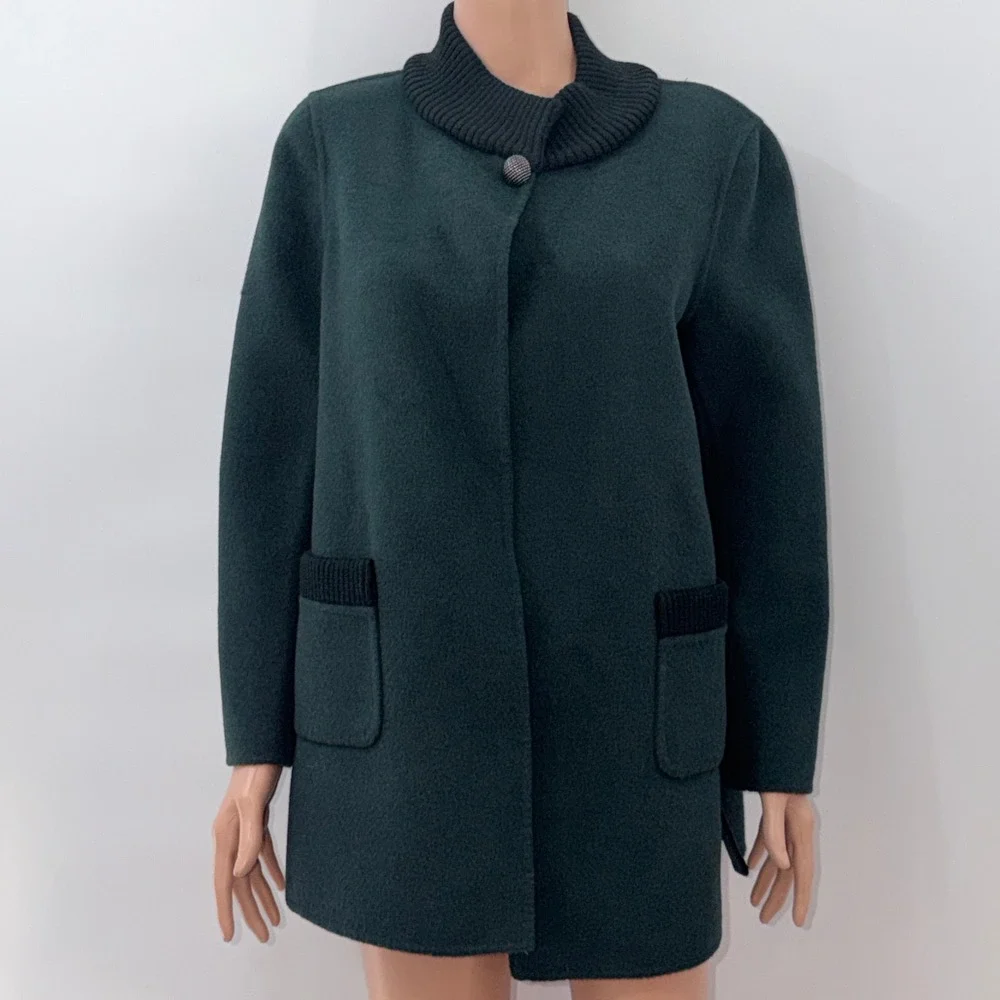 St. John M Green Wool Angora Cashmere Knit Trim Quiet Luxury Minimalist Car Coat